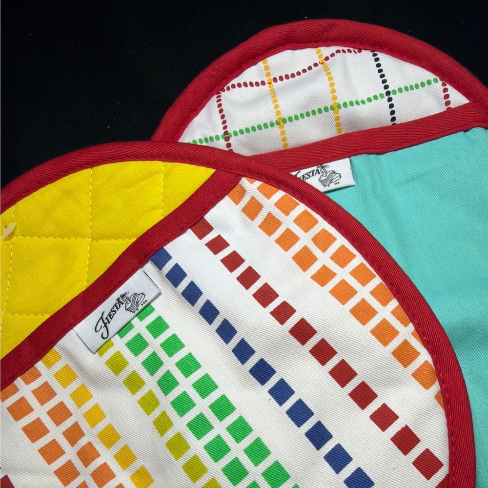 Fiesta Tableware Pot Holder Set 2 Rainbow Geometric Teal Yellow Cotton Kitchen